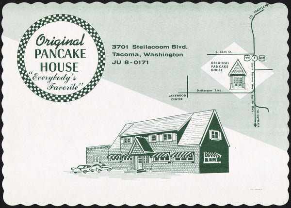 Vintage placemat ORIGINAL PANCAKE HOUSE restaurant and map picture Tacoma Washington