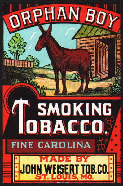 Vintage label ORPHAN BOY Smoking Tobacco mule pictured John Weisert St Louis MO
