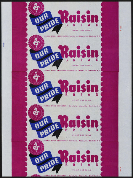 Vintage bread wrapper OUR PRIDE Raisin Bread chicken logo 1947 Norfolk VA GA NC