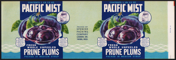 Vintage label PACIFIC MIST Prune Plums Spencer Packing Lebanon OR and Yakima WA