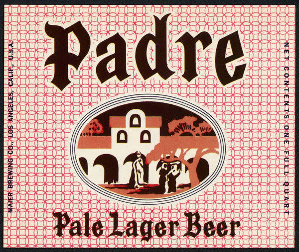 Vintage label PADRE PALE LAGER BEER mission pictured Maier Los Angeles California