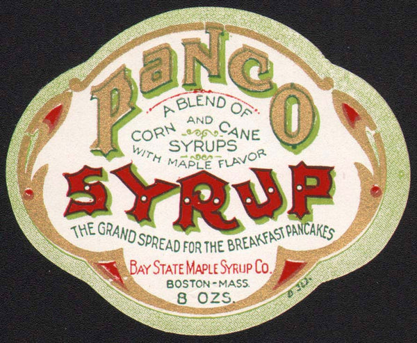 Vintage label PANCO SYRUP die cut Bay State Co Boston Massachusetts n-mint+