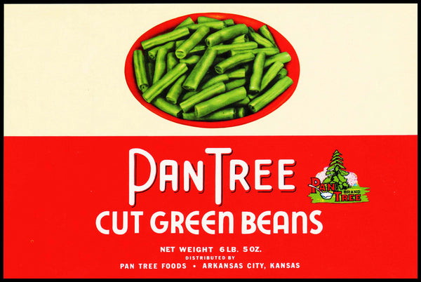 Vintage label PAN TREE Cut Green Beans 6lb5oz Arkansas City Kansas unused n-mint+