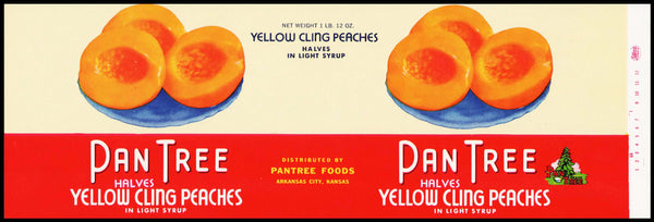 Vintage label PAN TREE Halves Peaches pictured Arkansas City Kansas unused n-mint+