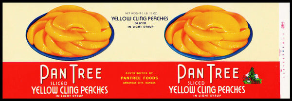 Vintage label PAN TREE Sliced Peaches pictured Arkansas City Kansas unused n-mint+