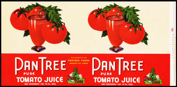 Vintage label PAN TREE Tomato Juice pictured Arkansas City Kansas unused n-mint+