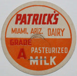 Vintage milk bottle cap PATRICKS DAIRY Pasteurized Milk Miami Arizona unused