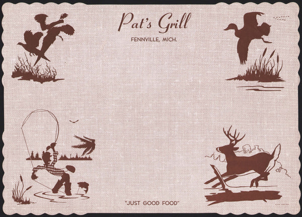 Vintage placemat PATS GRILL picturing hunting scenes Fennville Michigan n-mint
