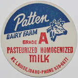 Vintage milk bottle cap PATTEN DAIRY FARM Pasteurized Homogenized Boise Idaho