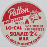 Vintage milk bottle cap PATTEN DAIRY FARM Skimmed Milk cow Boise Idaho unused
