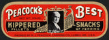 Vintage label PEACOCKS BEST Kippered Snacks of Herring man pictured Lubec Maine