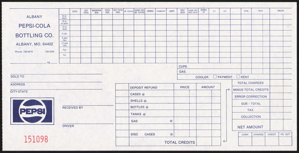 Vintage receipt PEPSI Pepsi Cola Bottling Albany Missouri new old stock n-mint+