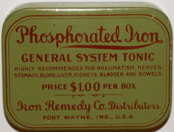 Vintage tin PHOSPHORATED IRON General System Tonic Iron Remedy Fort Wayne Indiana