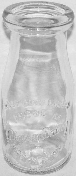 Vintage milk bottle PIGEON DAIRY Phone 65 embossed half pint Pigeon Michigan