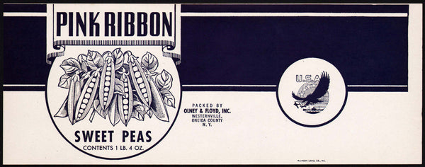 Vintage label PINK RIBBON Sweet Peas WWII logo Olney Floyd Westernville New York