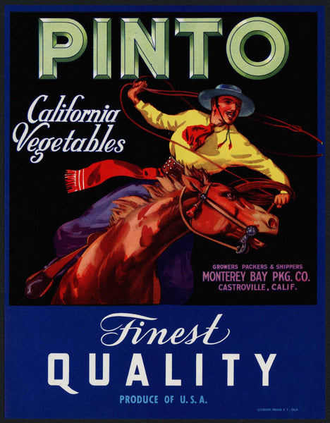 Vintage label PINTO California Vegetables horse roping Monterey Bay Castroville
