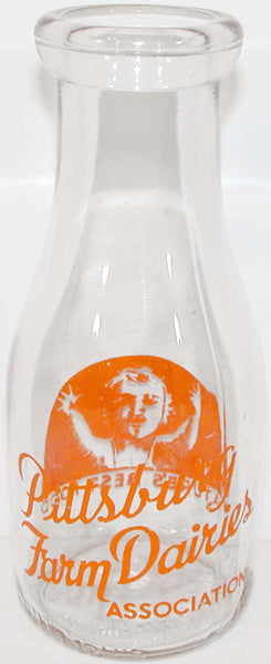 Vintage milk bottle PITTSBURG FARM DAIRIES ASSOCIATION baby dated 1947 pyro pint