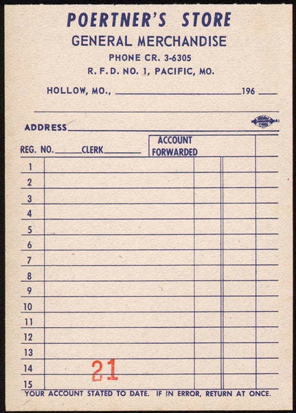 Vintage receipt POERTNERS STORE 1960s Pacific and Hollow Missouri unused n-mint+