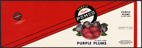 Vintage label POMCO Purple Plums pictured Potter McCune McKeesport Pennsylvania