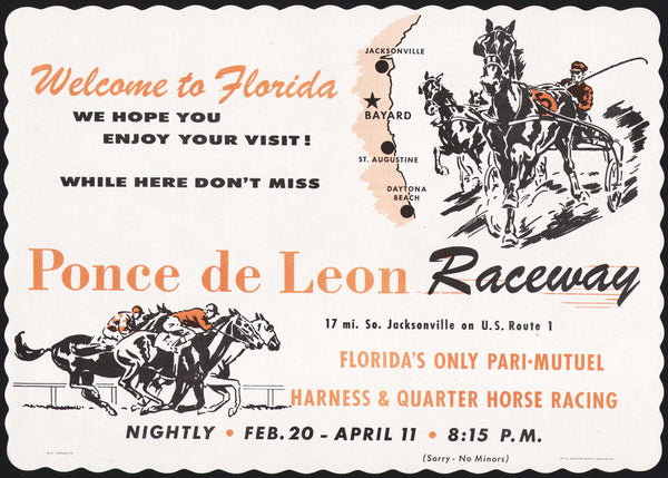 Vintage placemat PONCE DE LEON RACEWAY harness quarter horse racing Bayard Florida