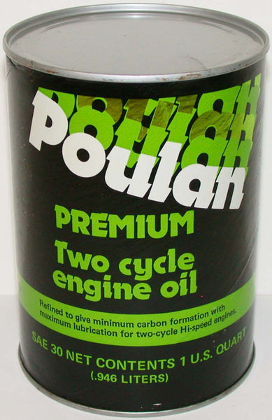 Vintage motor oil can POULAN Premium Two Cycle round one quart size n-mint condition