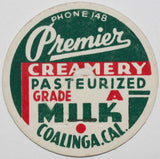 Vintage milk bottle cap PREMIER CREAMERY Milk Phone 148 Coalinga California unused