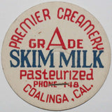 Vintage milk bottle cap PREMIER CREAMERY Skim Milk Coalinga California unused