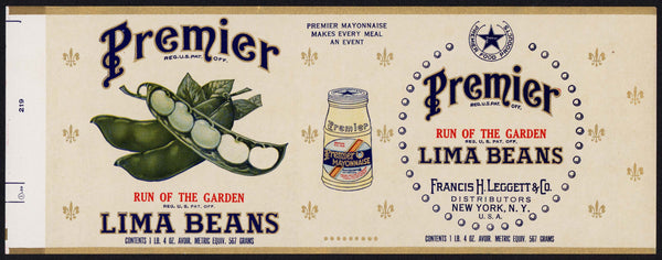 Vintage label PREMIER Lima Beans mayonnaise jar pictured Francis Leggett New York