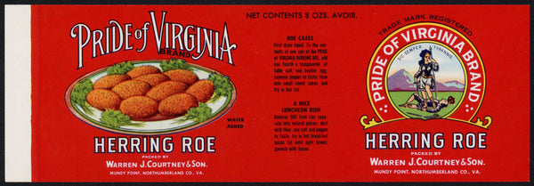 Vintage label PRIDE OF VIRGINIA Herring Roe Mundy Point Northumberland VA n-mint+
