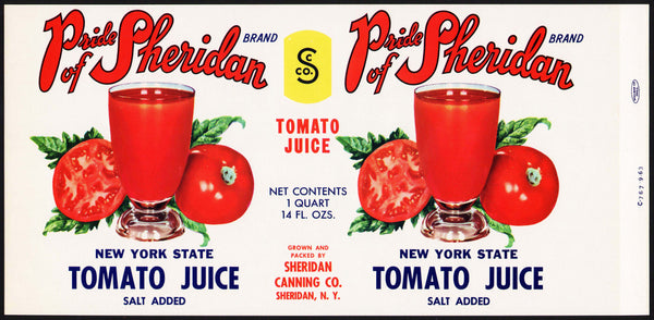 Vintage label PRIDE OF SHERIDAN Tomato Juice pictured Sheridan New York n-mint+