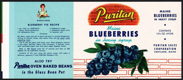 Vintage label PURITAN Blueberries and woman pictured Portland Maine unused n-mint+