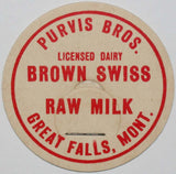 Vintage milk bottle cap PURVIS BROS Brown Swiss Raw Milk Great Falls Montana