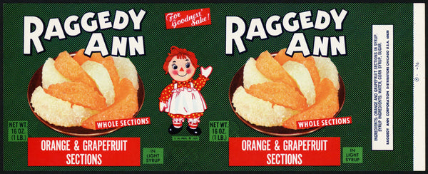 Vintage label RAGGEDY ANN Orange and Grapefruit doll pictured Chicago n-mint+