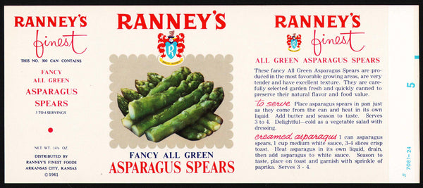 Vintage label RANNEYS Asparagus Spears pictured 1961 Arkansas City Kansas n-mint+