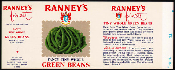 Vintage label RANNEYS Green Beans pictured 1961 Arkansas City Kansas n-mint+