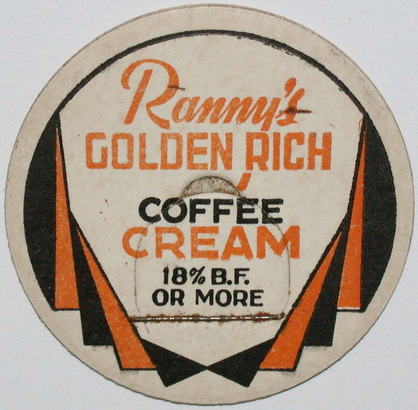 Vintage milk bottle cap RANNYS Golden Rich Coffee Cream Rockford Ohio unused
