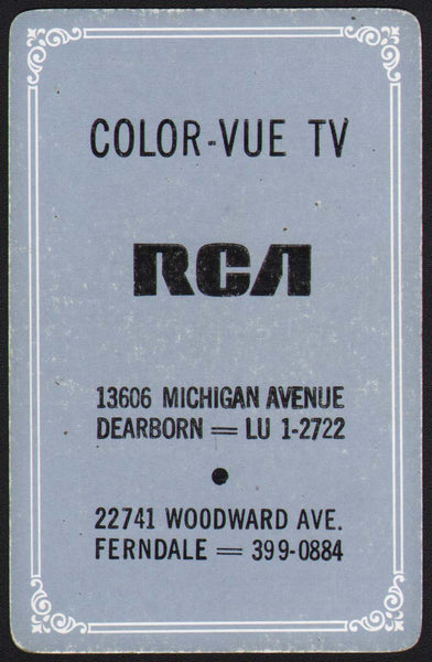 Vintage playing card RCA Color-Vue TV locations Dearborn and Ferndale Michigan