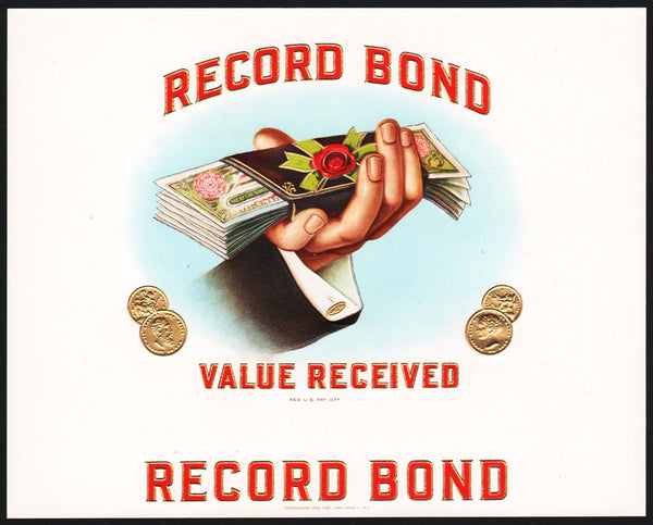 Vintage label RECORD BOND cigar box inner hand holding money embossed n-mint+