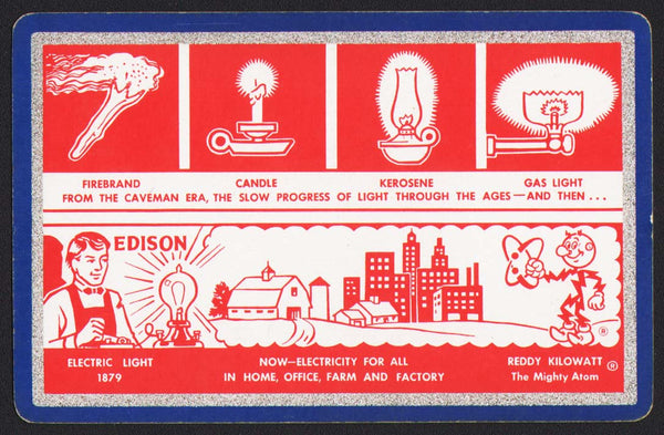 Vintage playing card REDDY KILOWATT with blue border picturing Thomas Edison