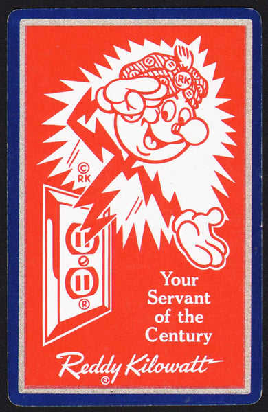 Vintage playing card REDDY KILOWATT Your Servant of the Century red background