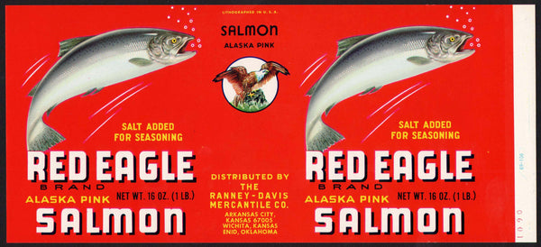 Vintage label RED EAGLE Salmon pictured 1lb Ranney Davis Arkansas City Kansas n-mint+