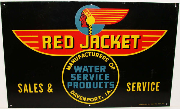 Vintage metal sign RED JACKET Sales and Service indian pictured Davenport Iowa exc+