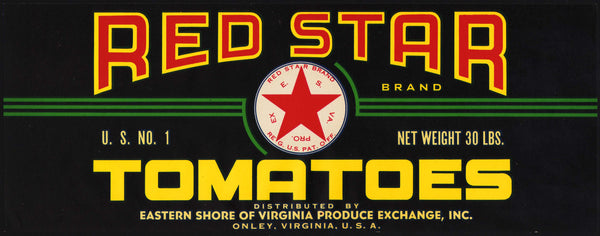 Vintage label RED STAR Tomatoes Eastern Shore of Virginia Onley unused n-mint+