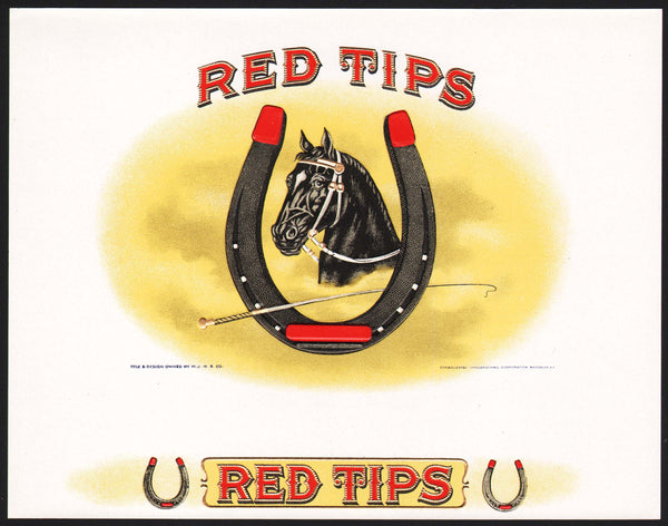 Vintage label RED TIPS #1 cigar box inner horse and horseshoe embossed n-mint+