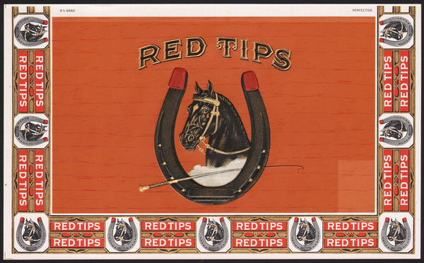 Vintage label RED TIPS #2 cigar box inner horse and horseshoe embossed n-mint+