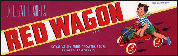 Vintage label RED WAGON boy in wagon with grapes Royal Valley Reedley California