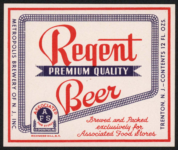 Vintage label REGENT BEER Associated Food Stores Metropolis Brewery NJ n-mint+