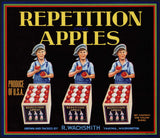 Vintage label REPETITION APPLES 3 boys and crates Wachsmith Yakima Washington