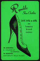 Vintage playing card REPUBLIC SHOE OUTLETS shoe pictured Aurora Denver Colorado