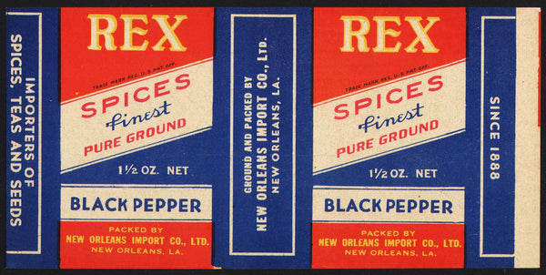 Vintage label REX SPICES Black Pepper New Orleans Louisiana 1 1/2oz size unused